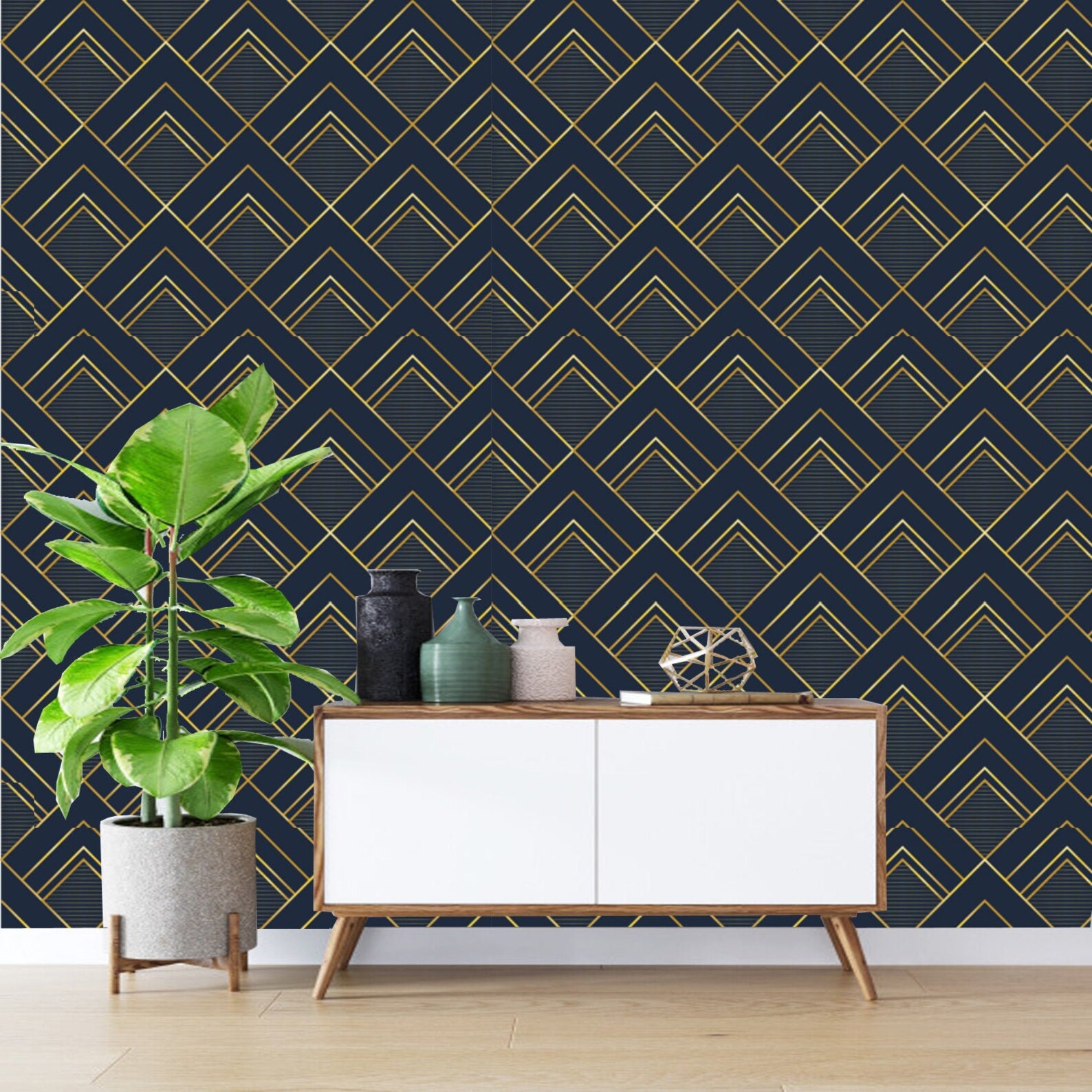 Geometric Art Deco Gray Blue Wallpaper Monochrome Embossed Etsy