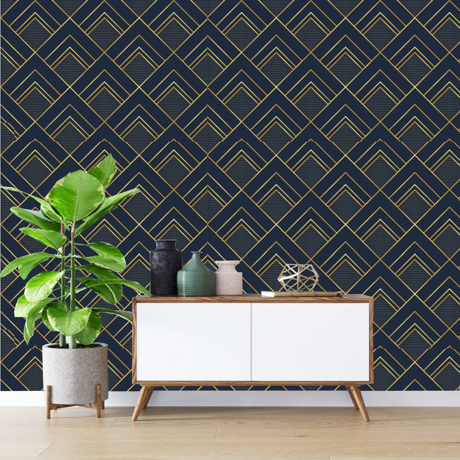 Geometric Art Deco Gray Blue Wallpaper Monochrome Embossed Etsy