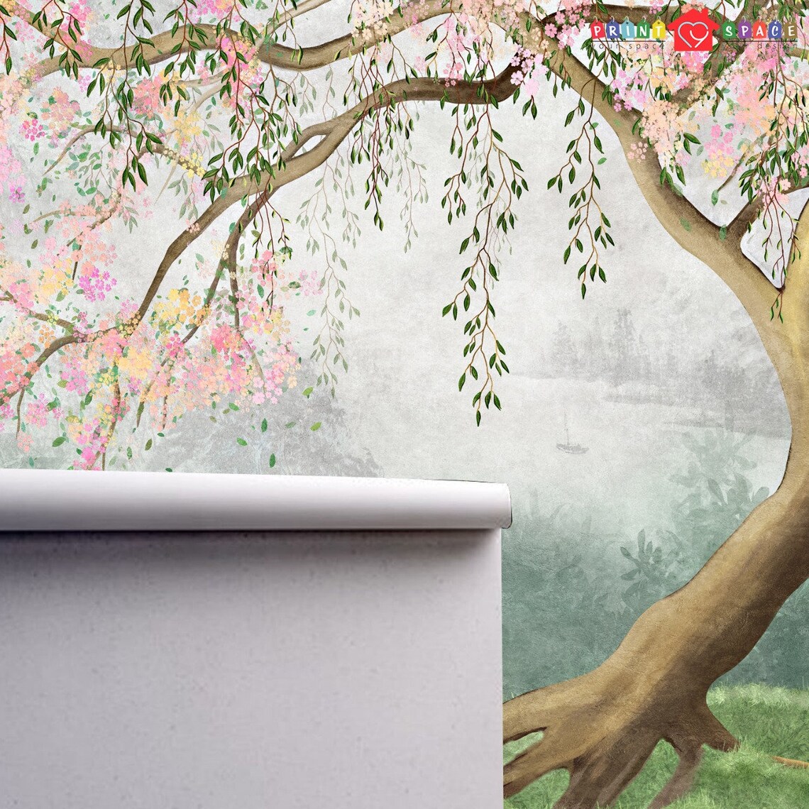 Misty Garden Tree Watercolor Wallpaper Botanical Wallpaper - Etsy