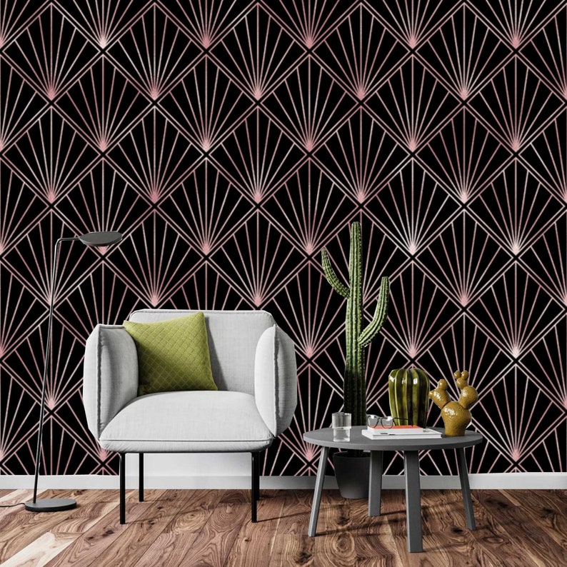 Art Deco Rose Gold Black Wallpaper Monochrome Embossed Etsy