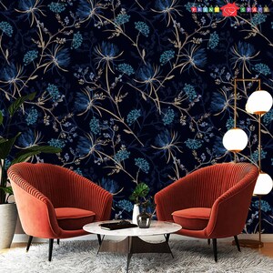 Navy Blue Watercolor Floral Wallpaper Textured Traditional or - Etsy