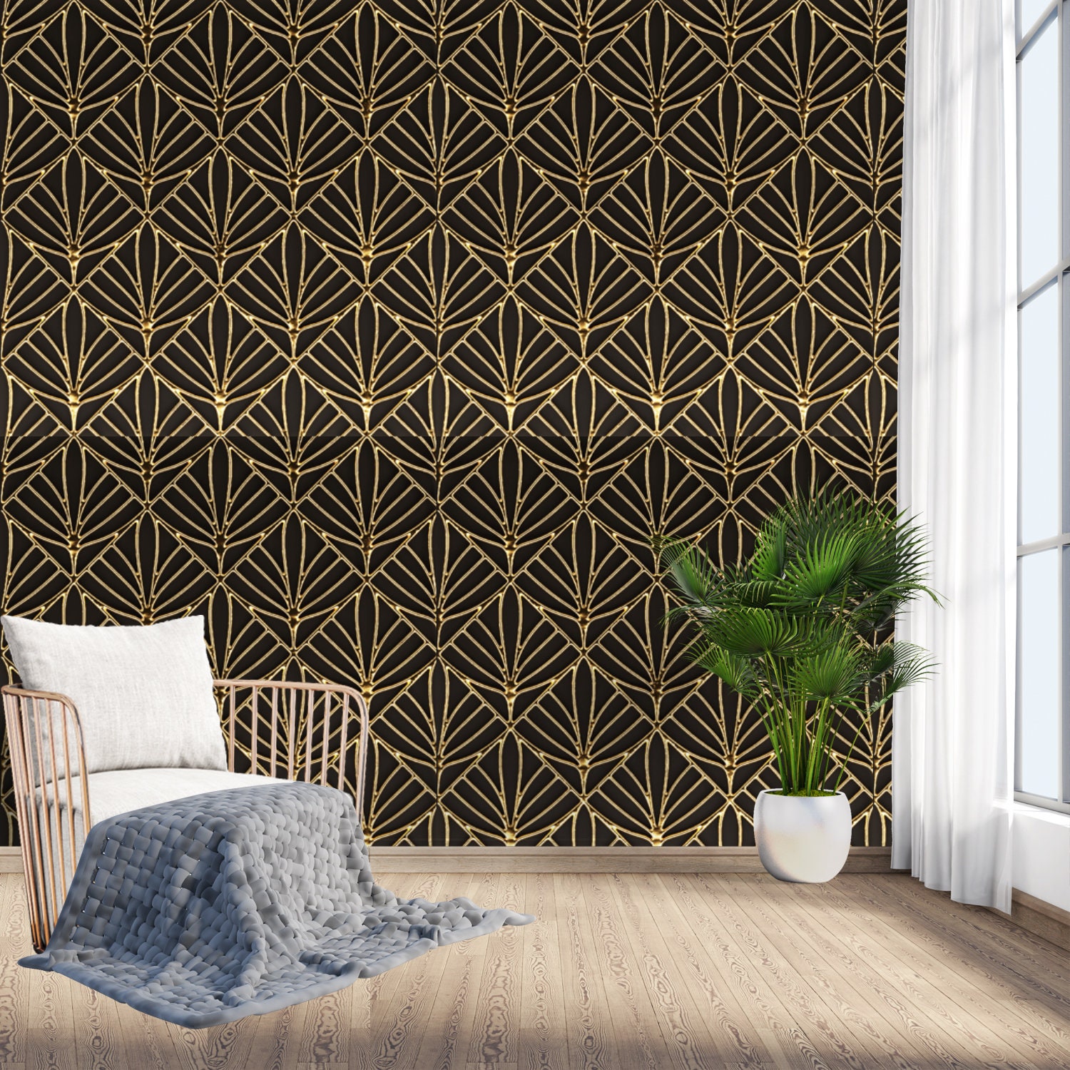 Geometric Art Deco Black Gold Wallpaper Monochrome Embossed Etsy Canada