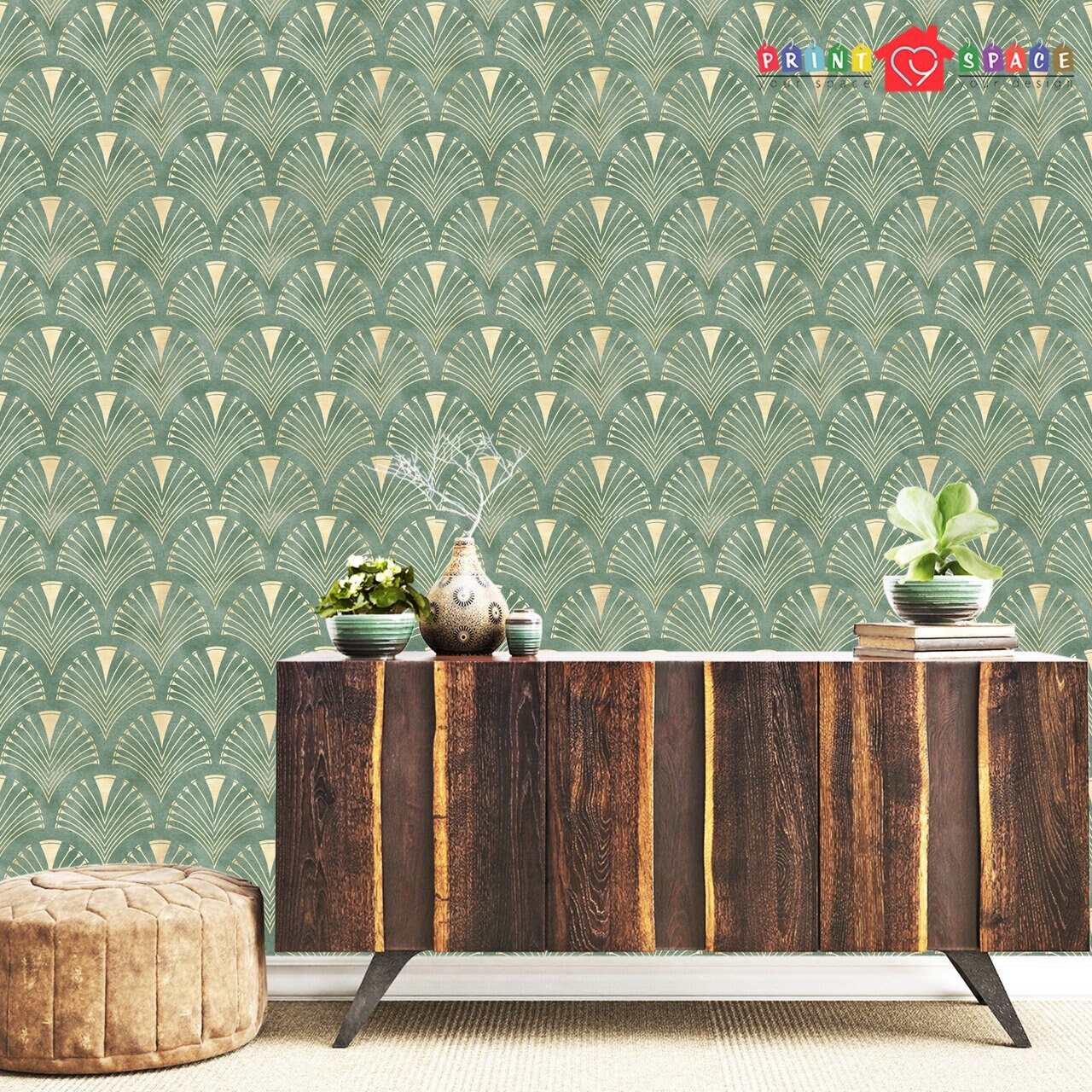 Art Deco Geometric Wallpaper in Green and Beige Removable Etsy