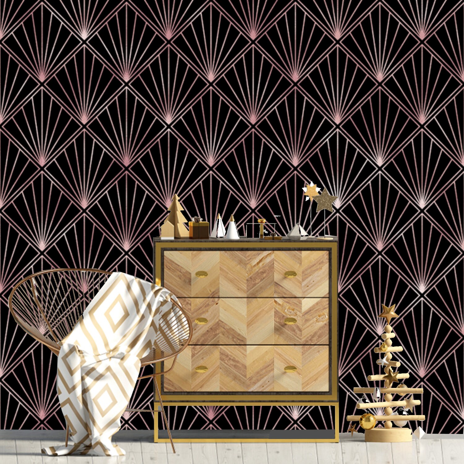 Art Deco Rose Gold Black Wallpaper Monochrome Embossed Etsy