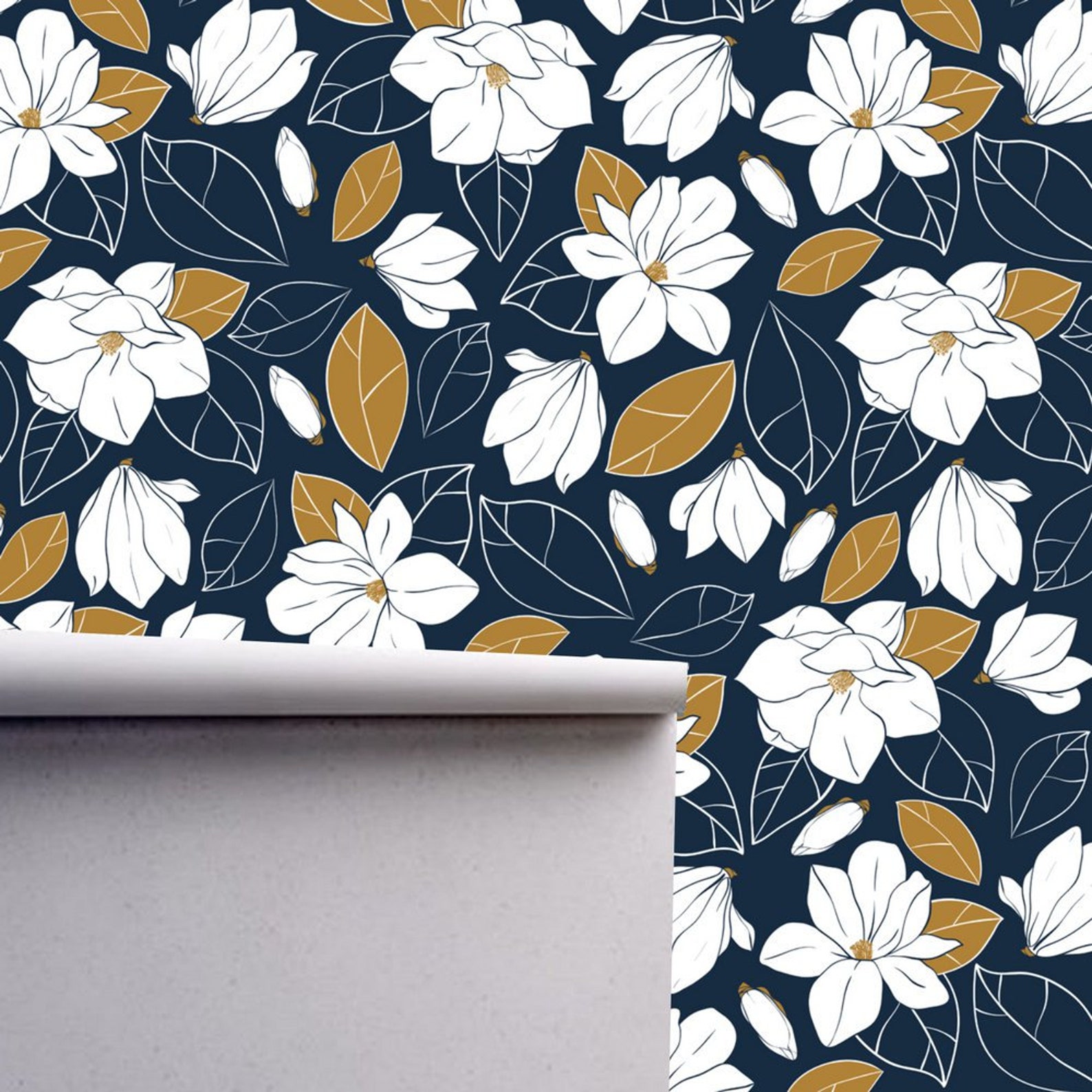 Navy Blue and White Floral Wallpaper Traditional Non-pasted | Etsy