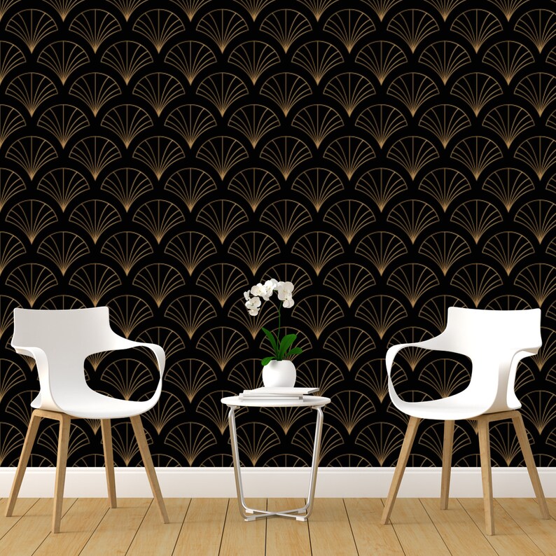 Geometric Art Deco Black Gold Wallpaper Monochrome Embossed Etsy