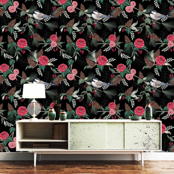 Black Pink Trendy Dark Floral Wallpaper Removable Peel Stick | Etsy