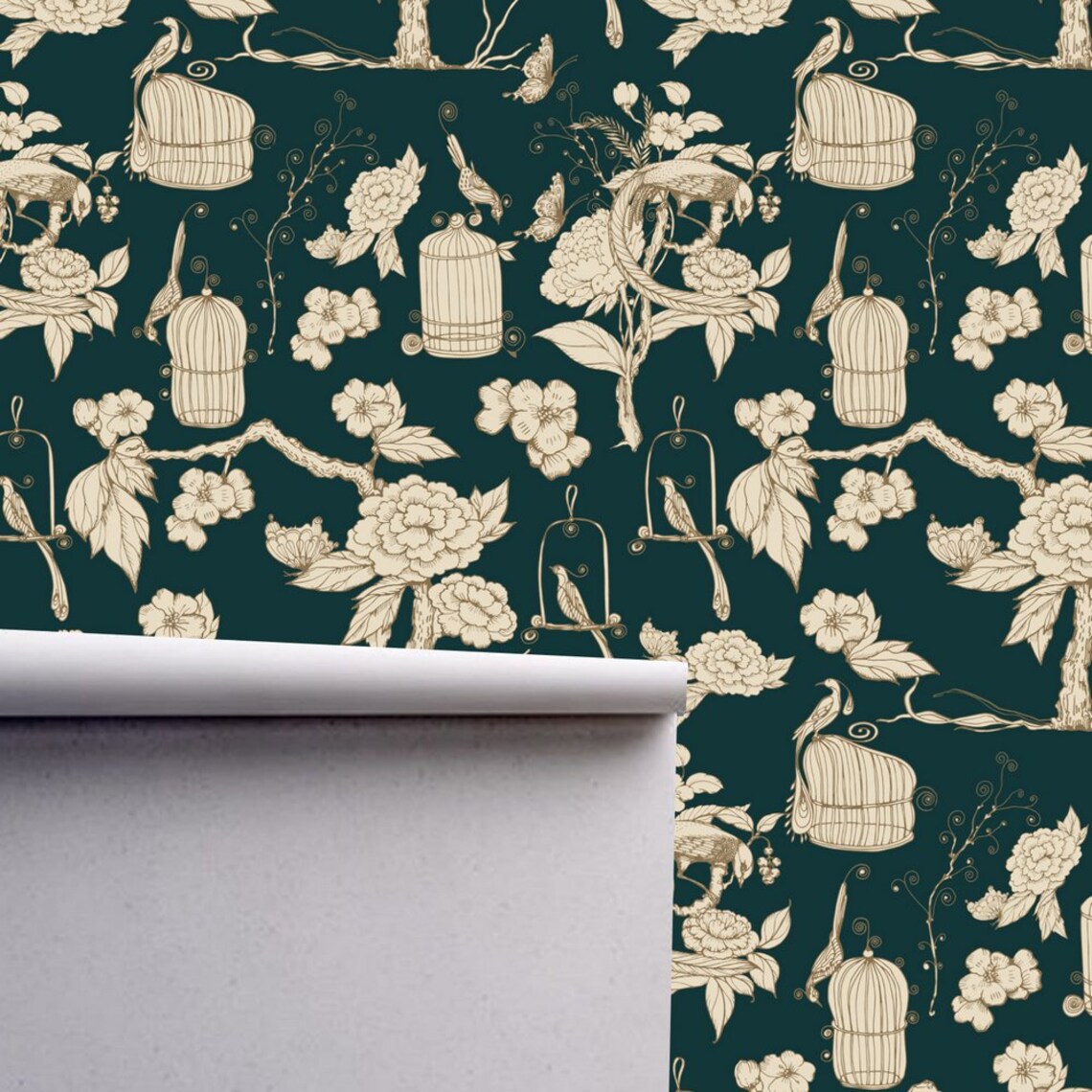 Green and White Flower Chinoiserie Wallpaper Mural Wall Etsy