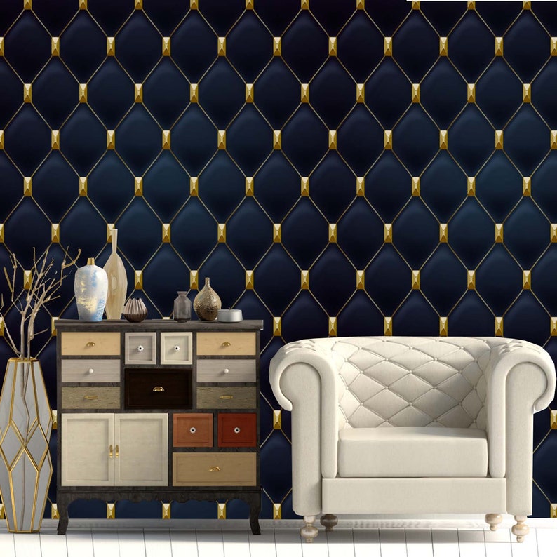 Art Deco Geometric Wallpaper in Navy Blue & Gold Removable Etsy
