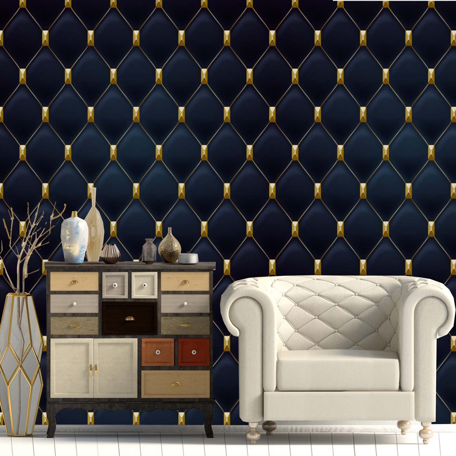 Art Deco Geometric Wallpaper in Navy Blue & Gold Removable Etsy Canada
