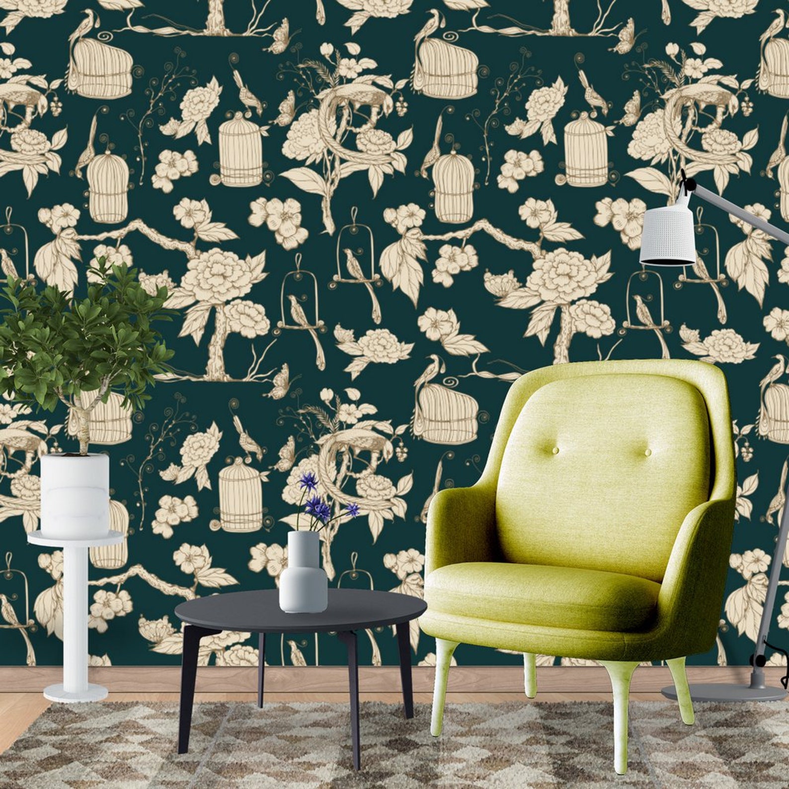 Green and White Flower Chinoiserie Wallpaper Mural Wall Etsy