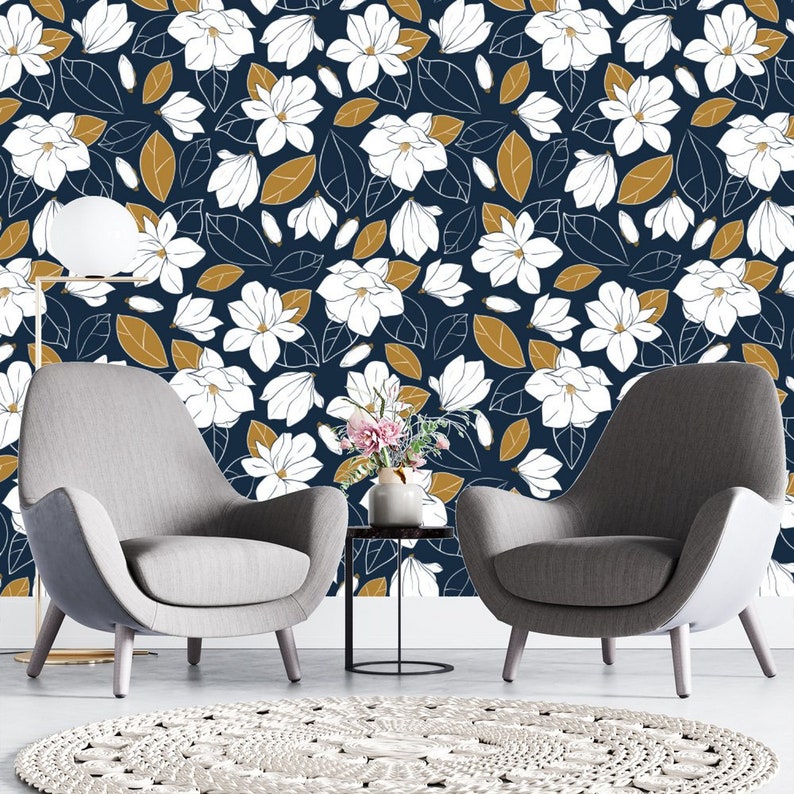 Navy Blue Gold Floral Wallpaper Traditional or Removable Peel Etsy