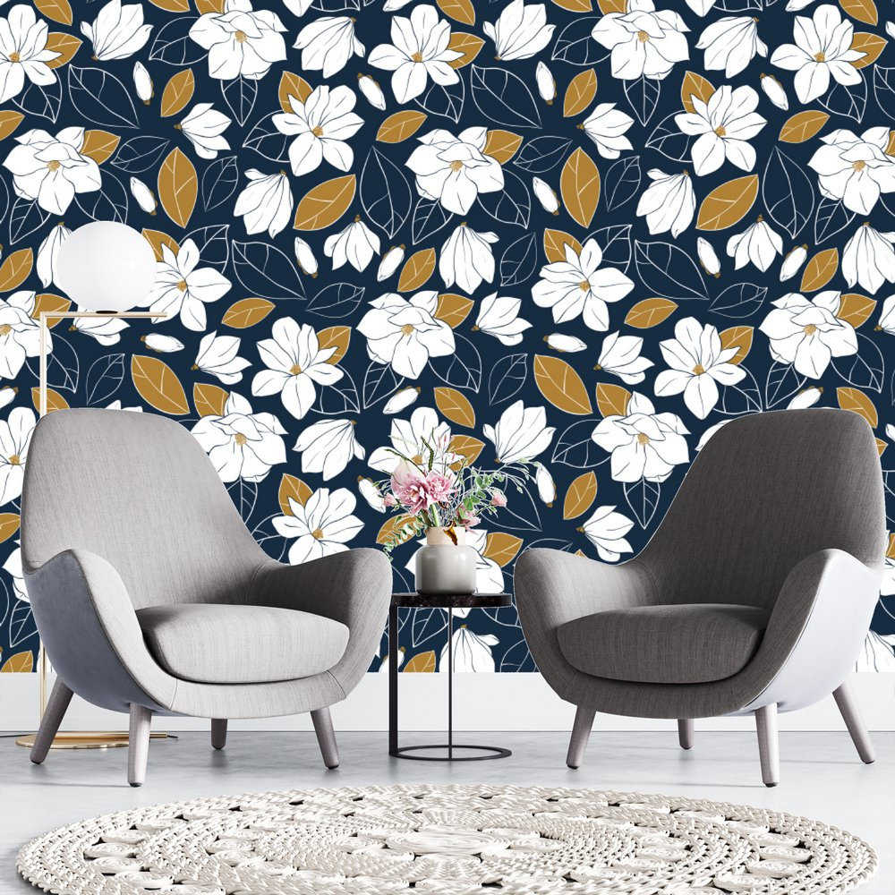Navy Blue and White Floral Wallpaper Traditional Nonpasted Etsy