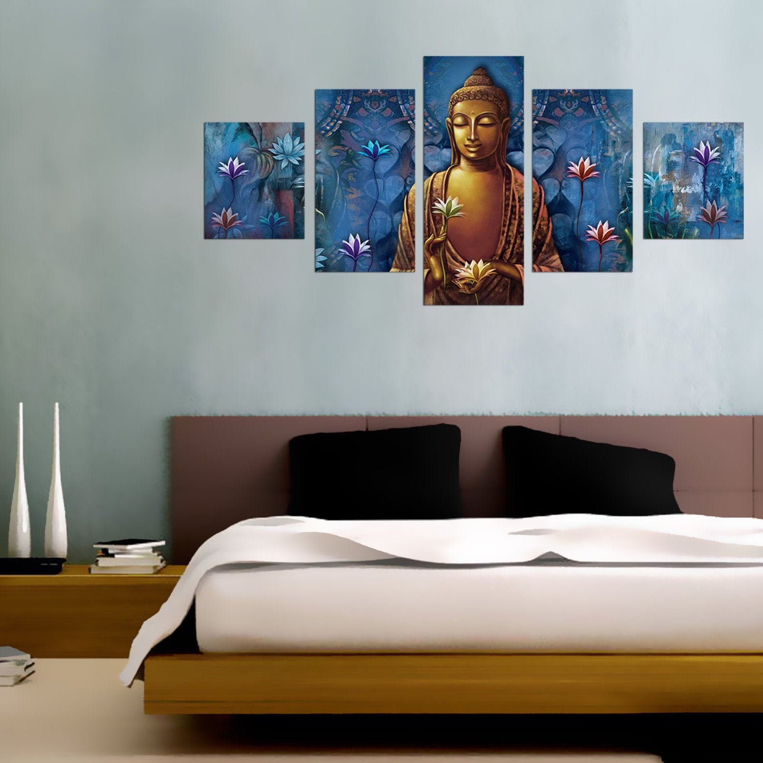 Bronze Gautam Buddha Large Wall Art 5 Piece Canvas Bedroom Etsy