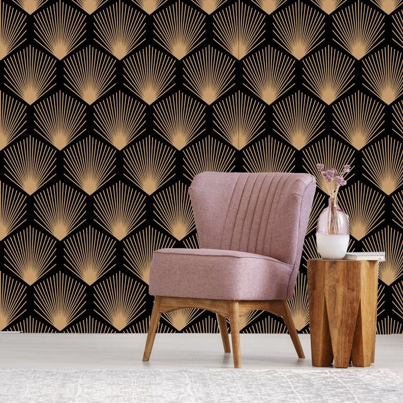 Vintage Black Gold Art Deco Wallpaper Monochrome Embossed Etsy