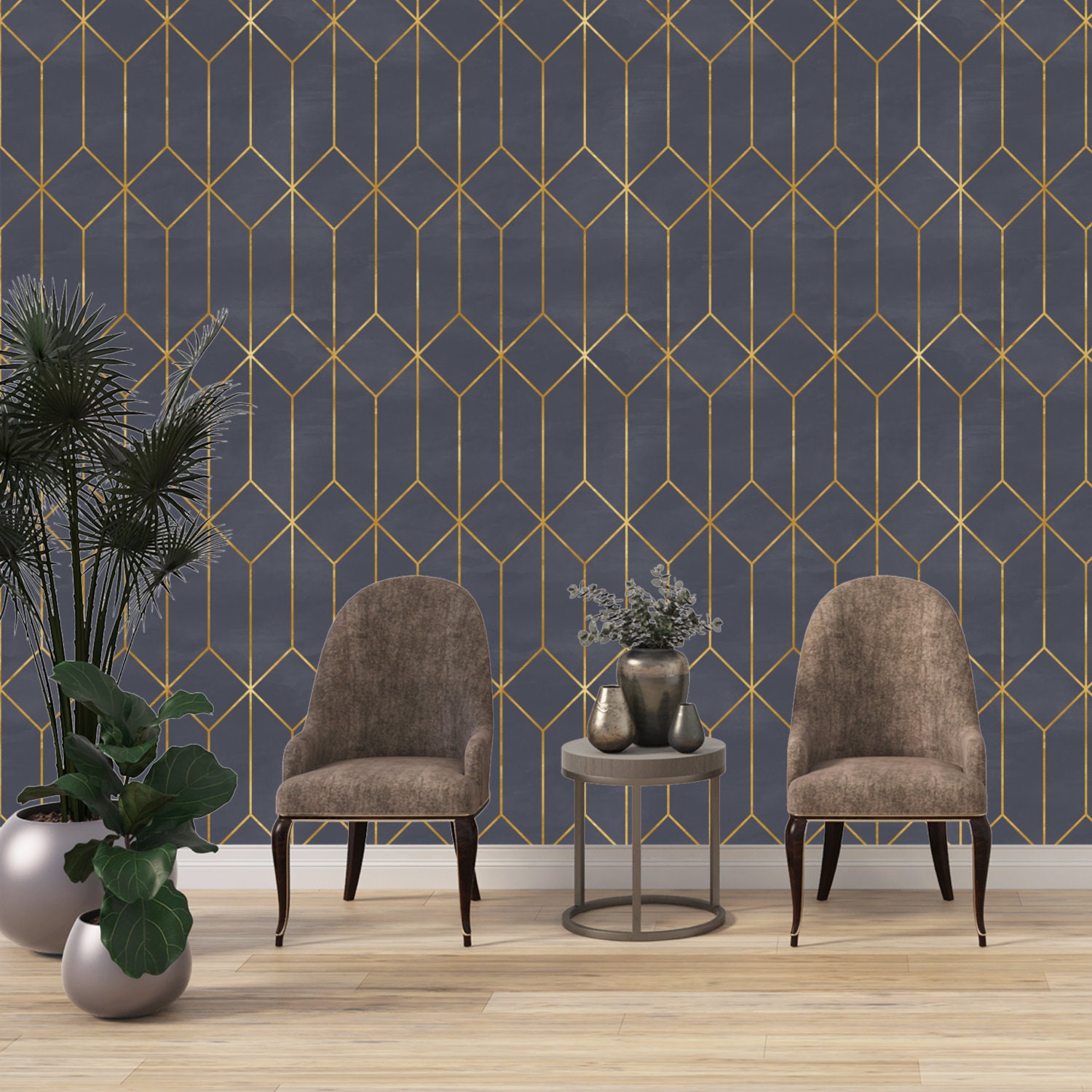 Geometric Art Deco Gray Gold Wallpaper Monochrome Embossed Etsy