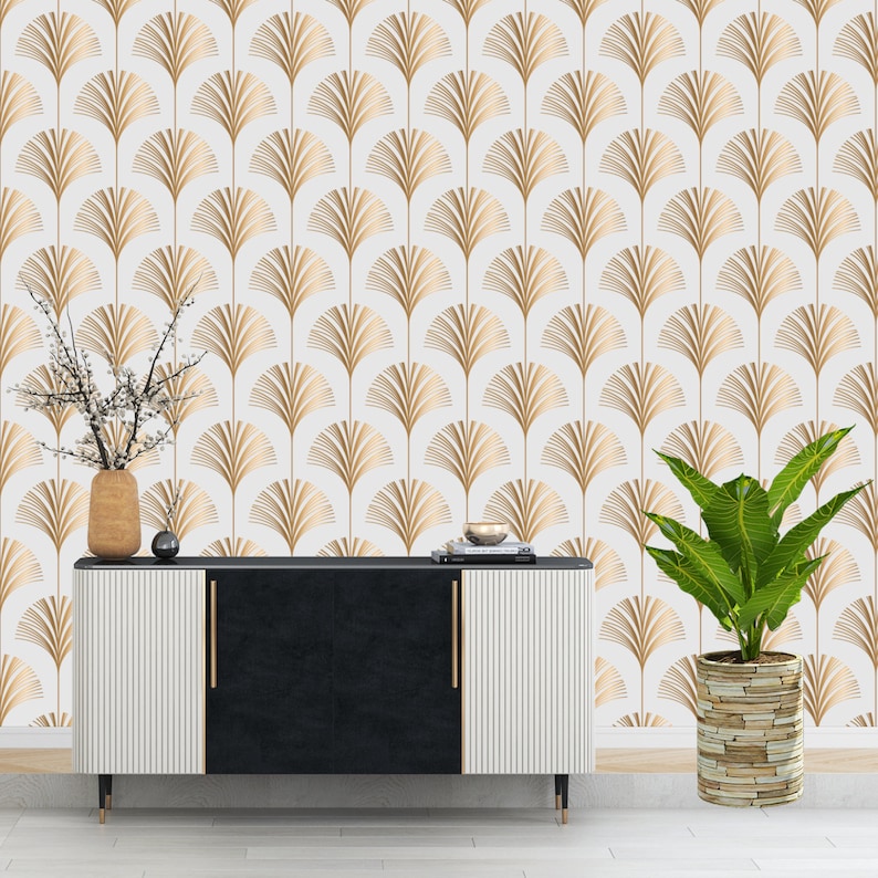 Geometric Art Deco White Gold Wallpaper Monochrome Embossed Etsy