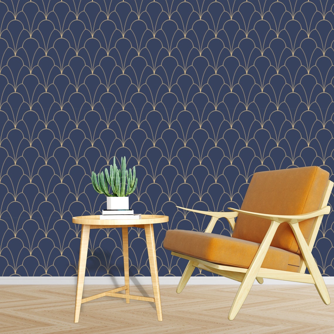 Geometric Art Deco Blue Gold Wallpaper Monochrome Embossed Etsy