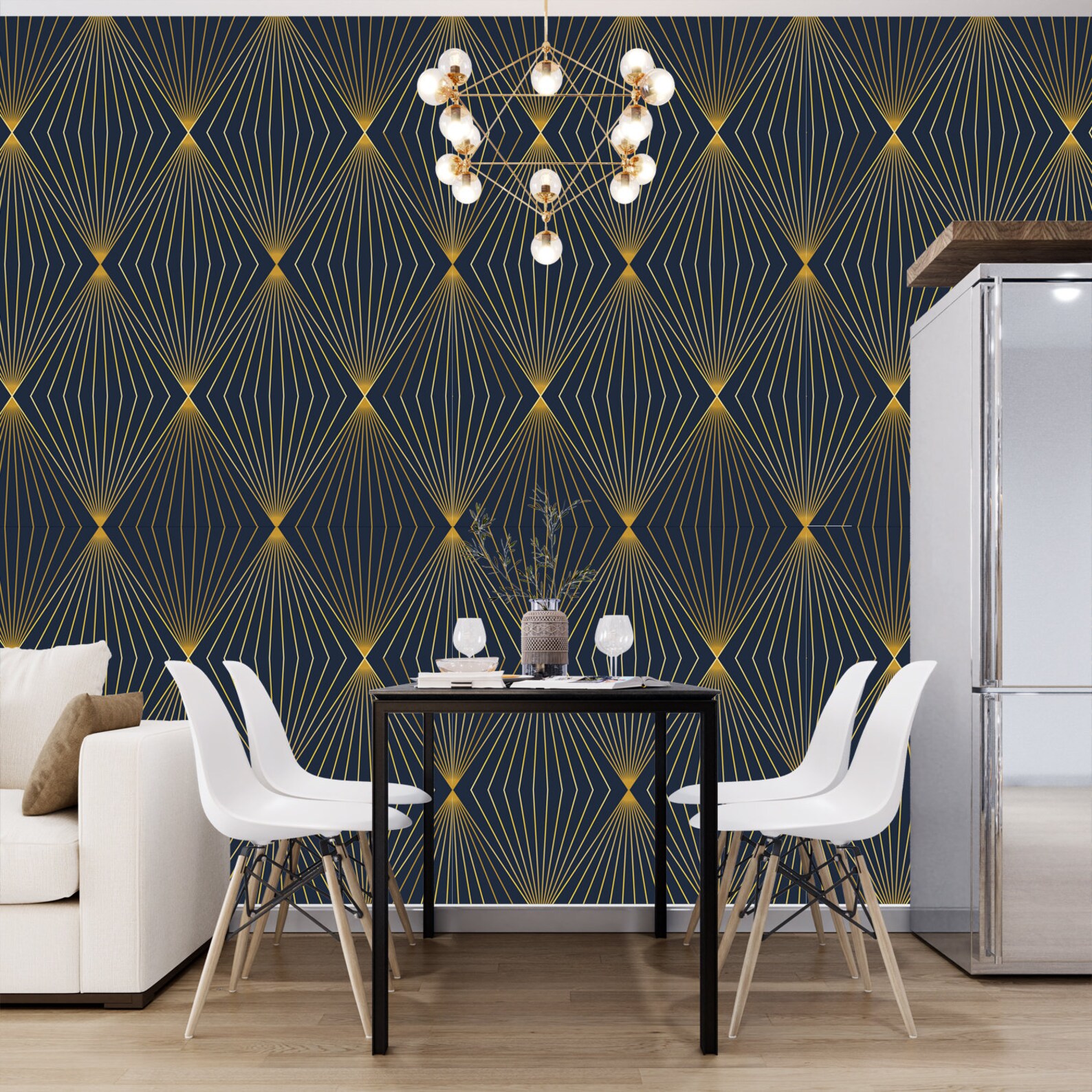 Geometric Art Deco Blue Gold Wallpaper Monochrome Embossed Etsy UK