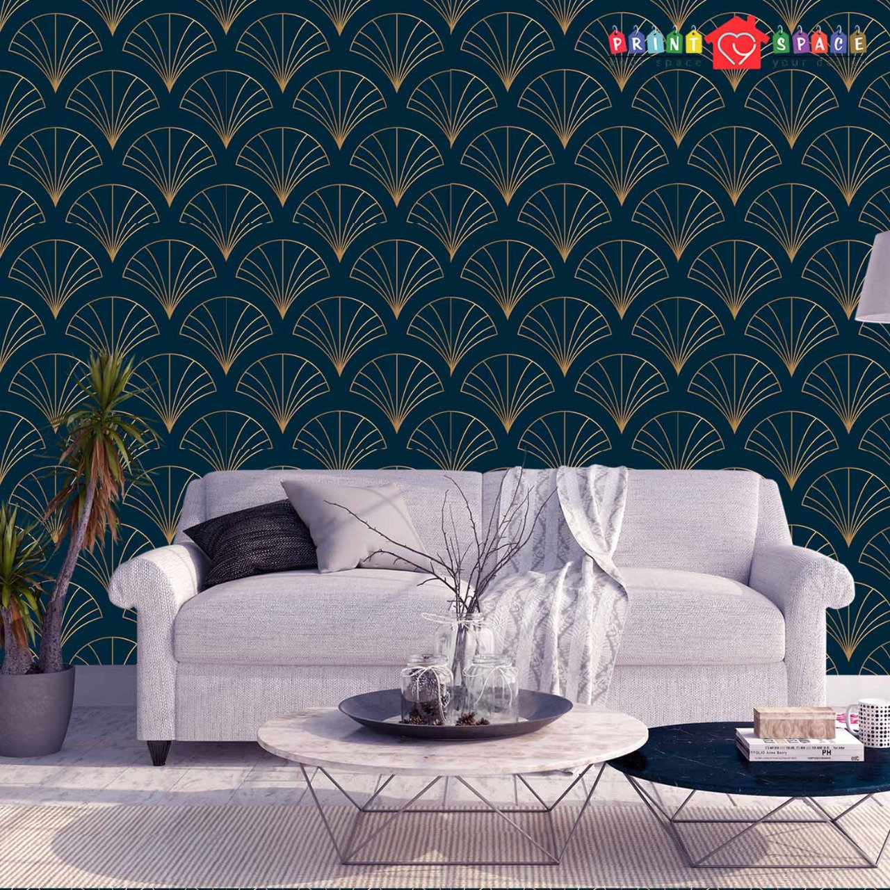 Art Deco Blue Gold Geometric Wallpaper Removable Peel and | Etsy