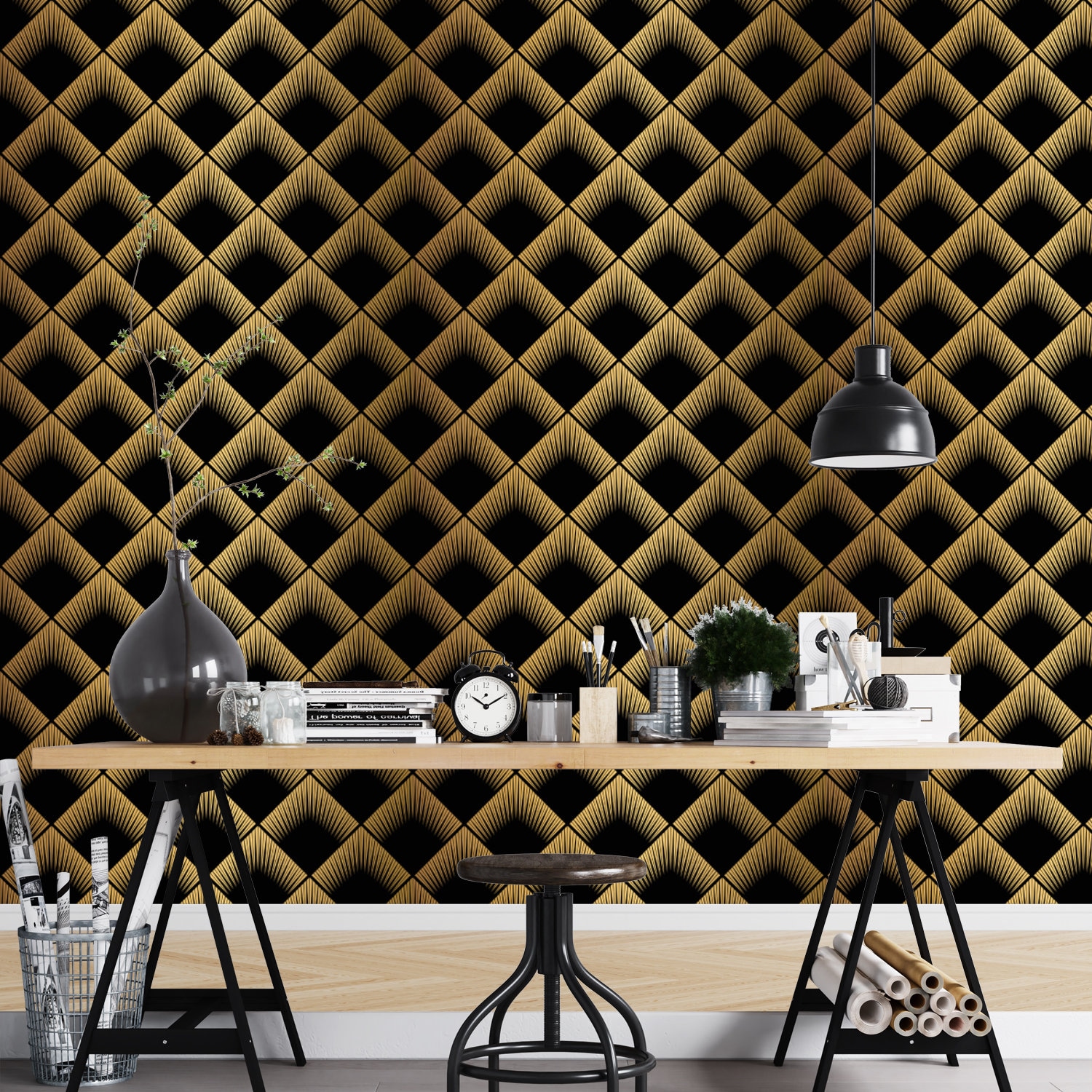 Geometrische Art Deco Schwarz Gold Tapete monochrome geprägt | Etsy