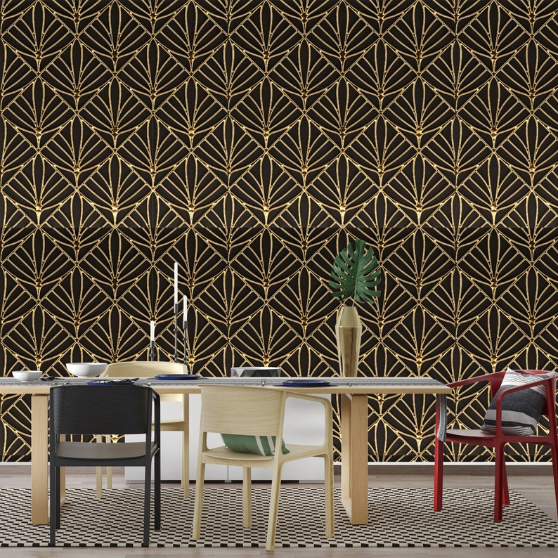 Geometric Art Deco Black Gold Wallpaper Monochrome Embossed Etsy