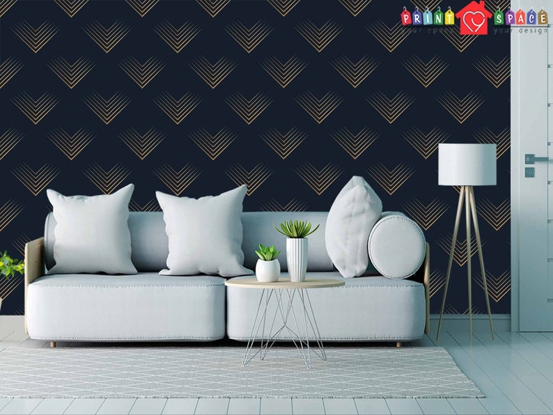 Navy Blue and Gold Art Deco Wallpaper Modern Home Decor Etsy