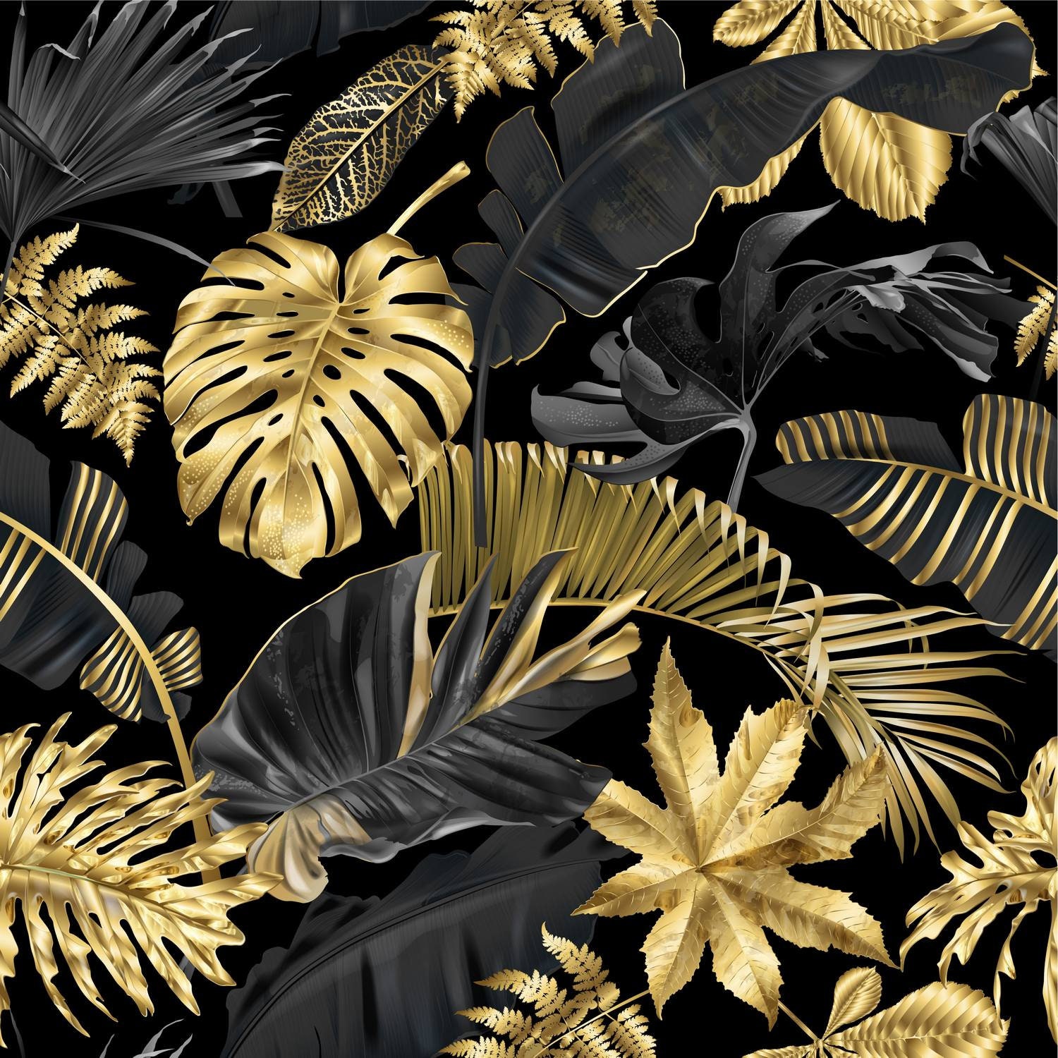 Tropical Leaves Gold Black 3D Wallpaper Traditional Non woven | Etsy
