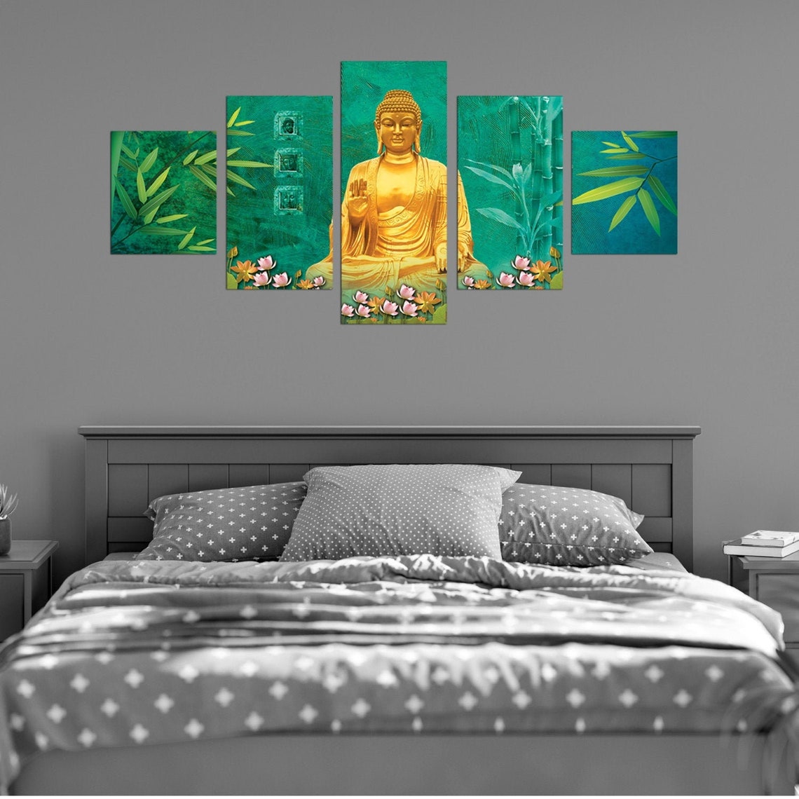 Large Wall Art of Golden Buddha on Green Background Spiritual Etsy