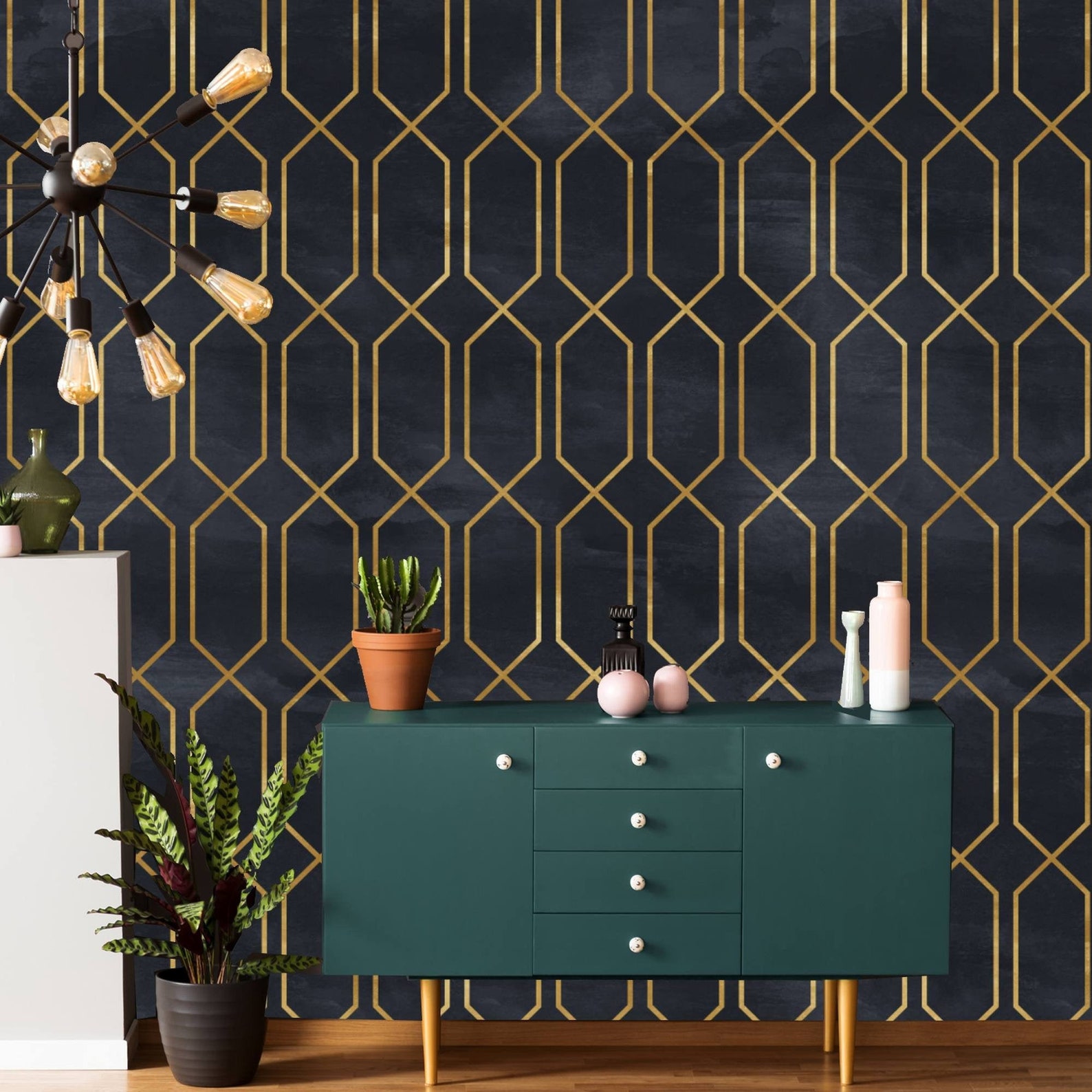 Art Deco Geometric Black & Gold Wallpaper Removable Peel and | Etsy