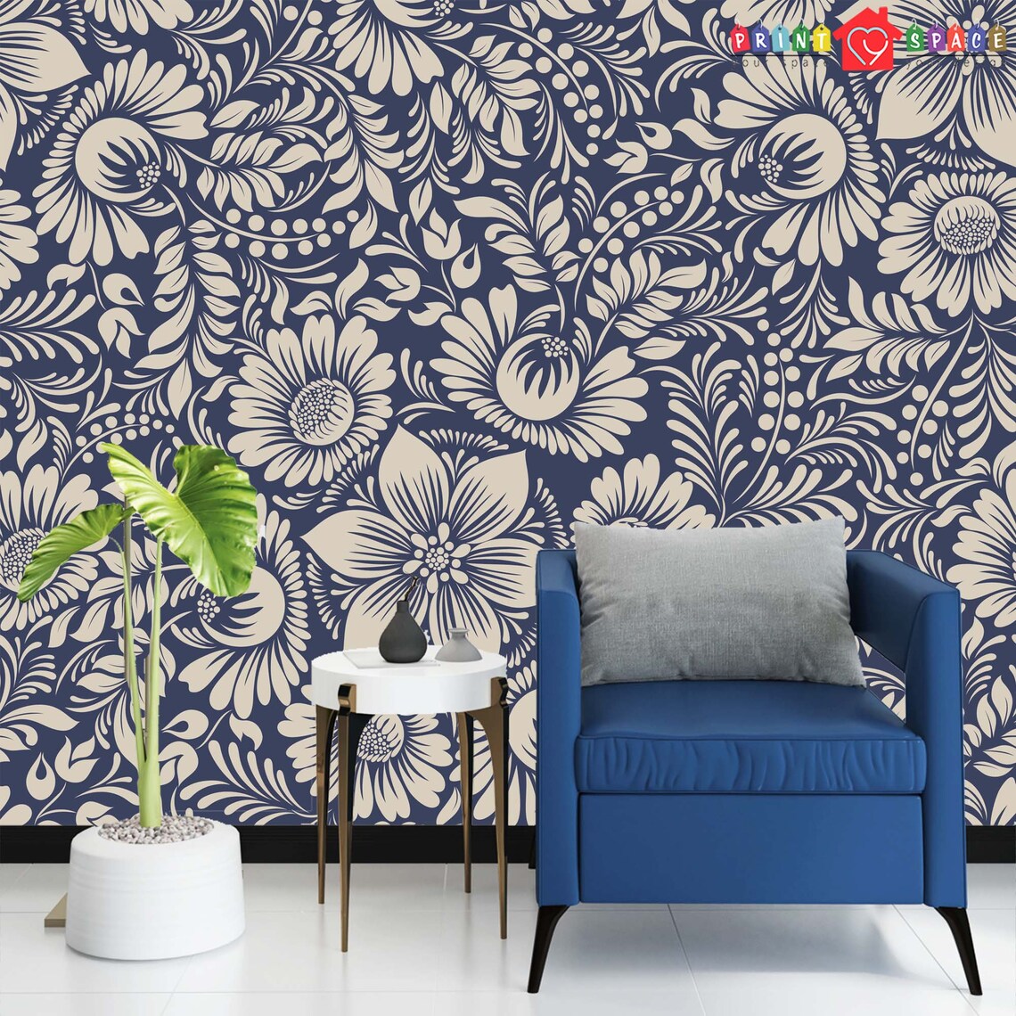 Blue and White Vintage Floral Wallpaper Mural Wall Covering Etsy