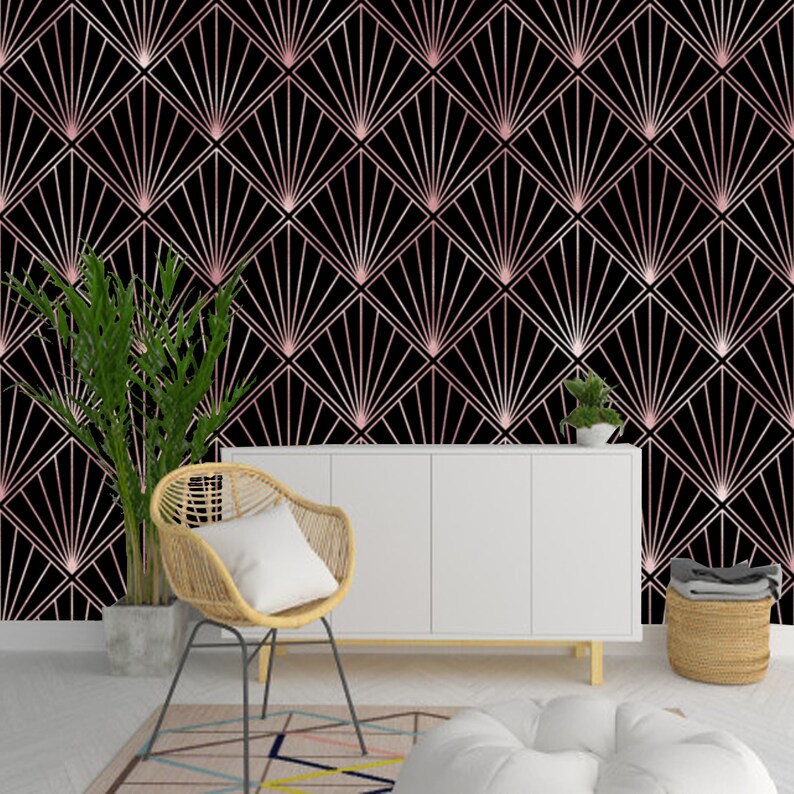 Art Deco Rose Gold Black Wallpaper Monochrome Embossed Etsy