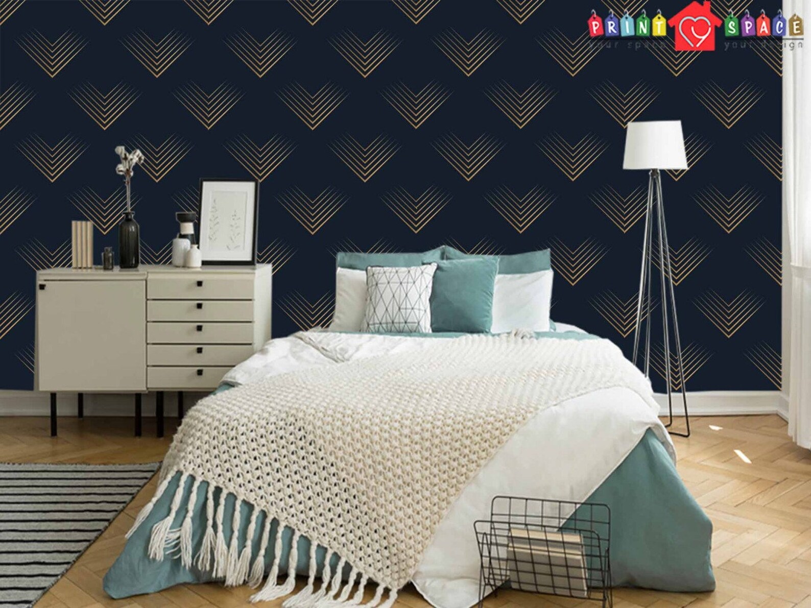 Navy Blue and Gold Art Deco Wallpaper Modern Home Decor Etsy