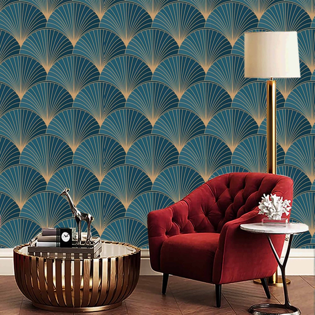 Blue Gold Art Deco Wall Mural Floral Wall Mural Traditionnel - Etsy France