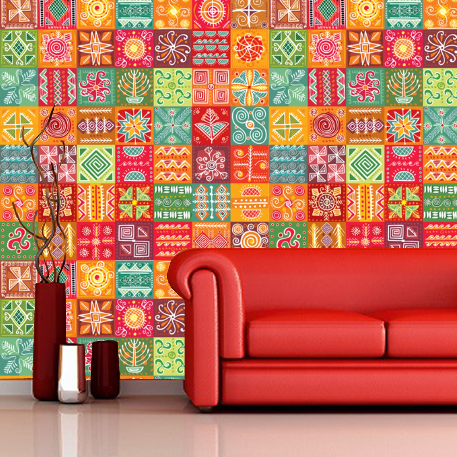 Printmyspace Yellow And Red Floral Mural Wallpaper Wall Etsy