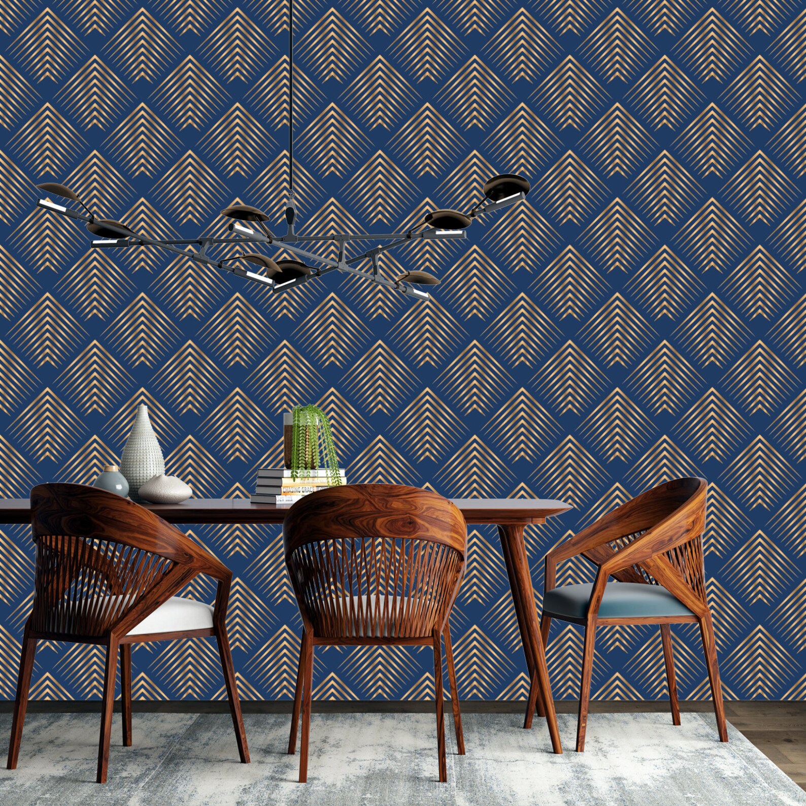 Geometric Art Deco Blue Gold Wallpaper Monochrome Embossed Etsy