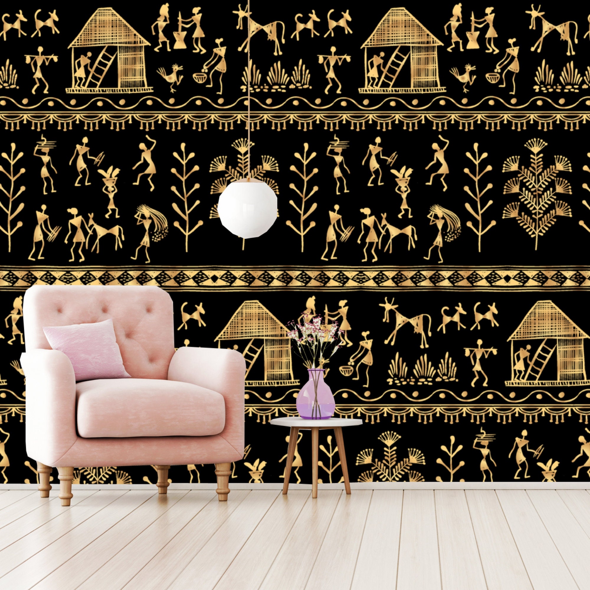 Ethnic India Tribal Black Gold Wallpaper Traditional Non Etsy