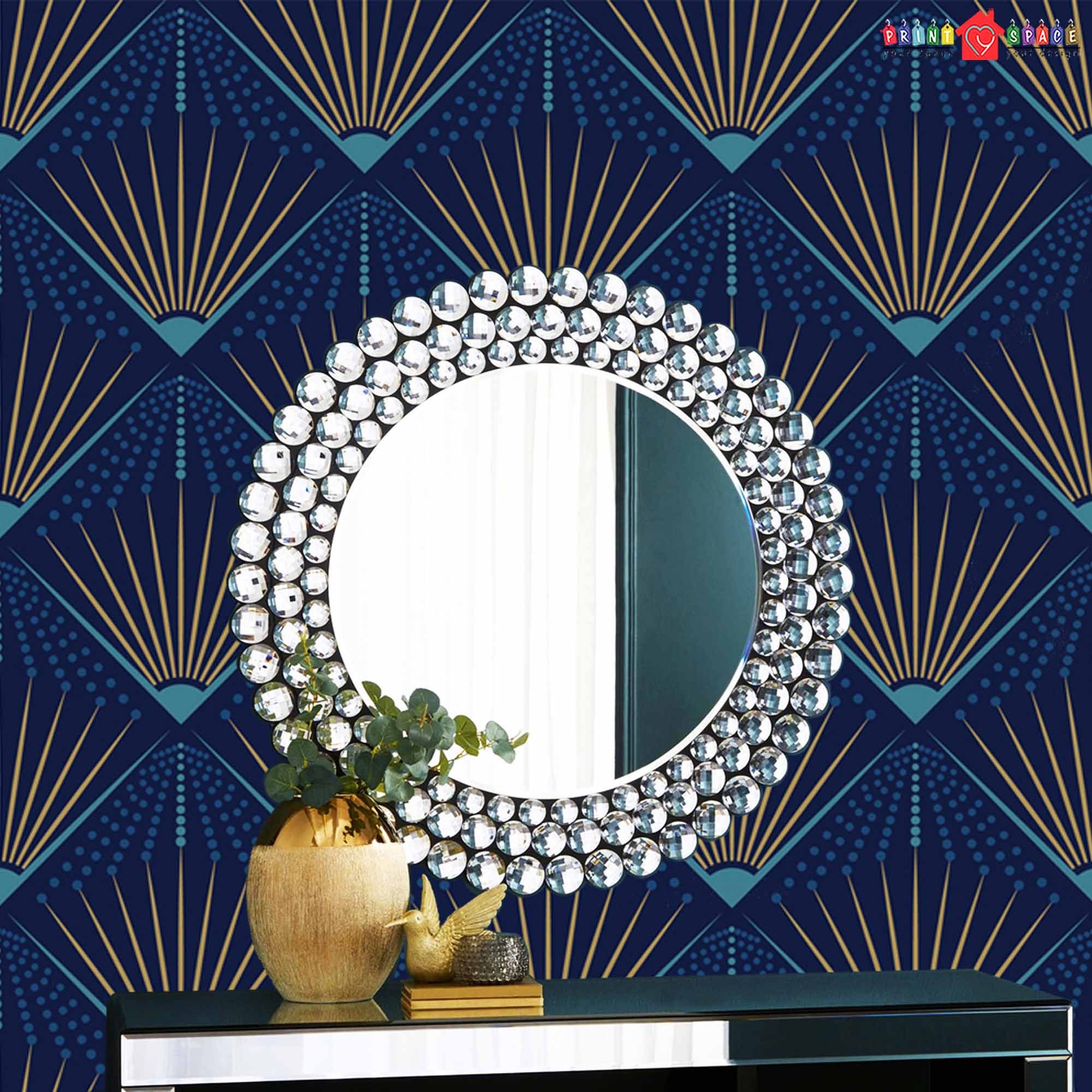 Art Deco Geometric Wallpaper in Blue & Beige Removable Peel | Etsy