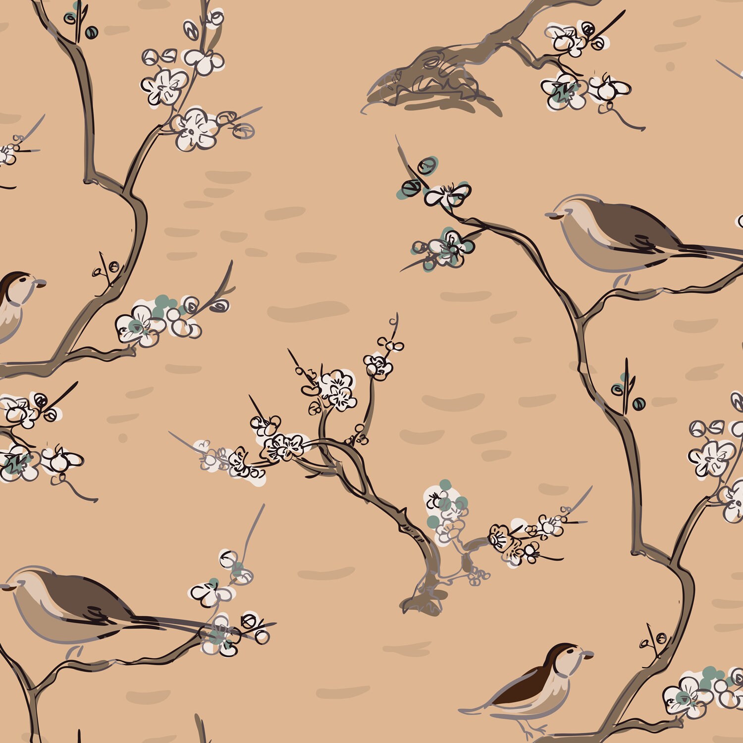 Chinoiserie Bird Wallpaper with Floral Motifs Removable Peel | Etsy
