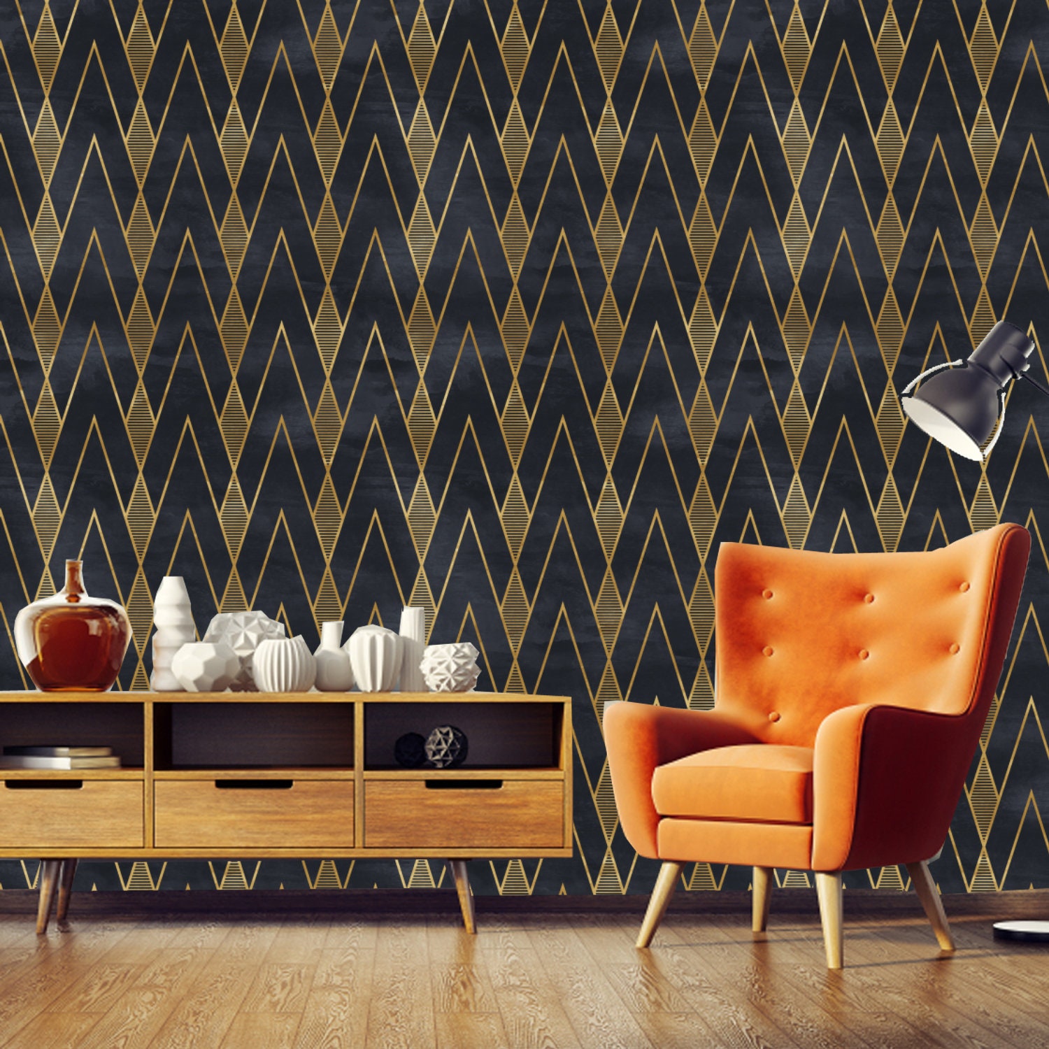Geometric Art Deco Wallpaper in Black Gold Removable Peel & | Etsy