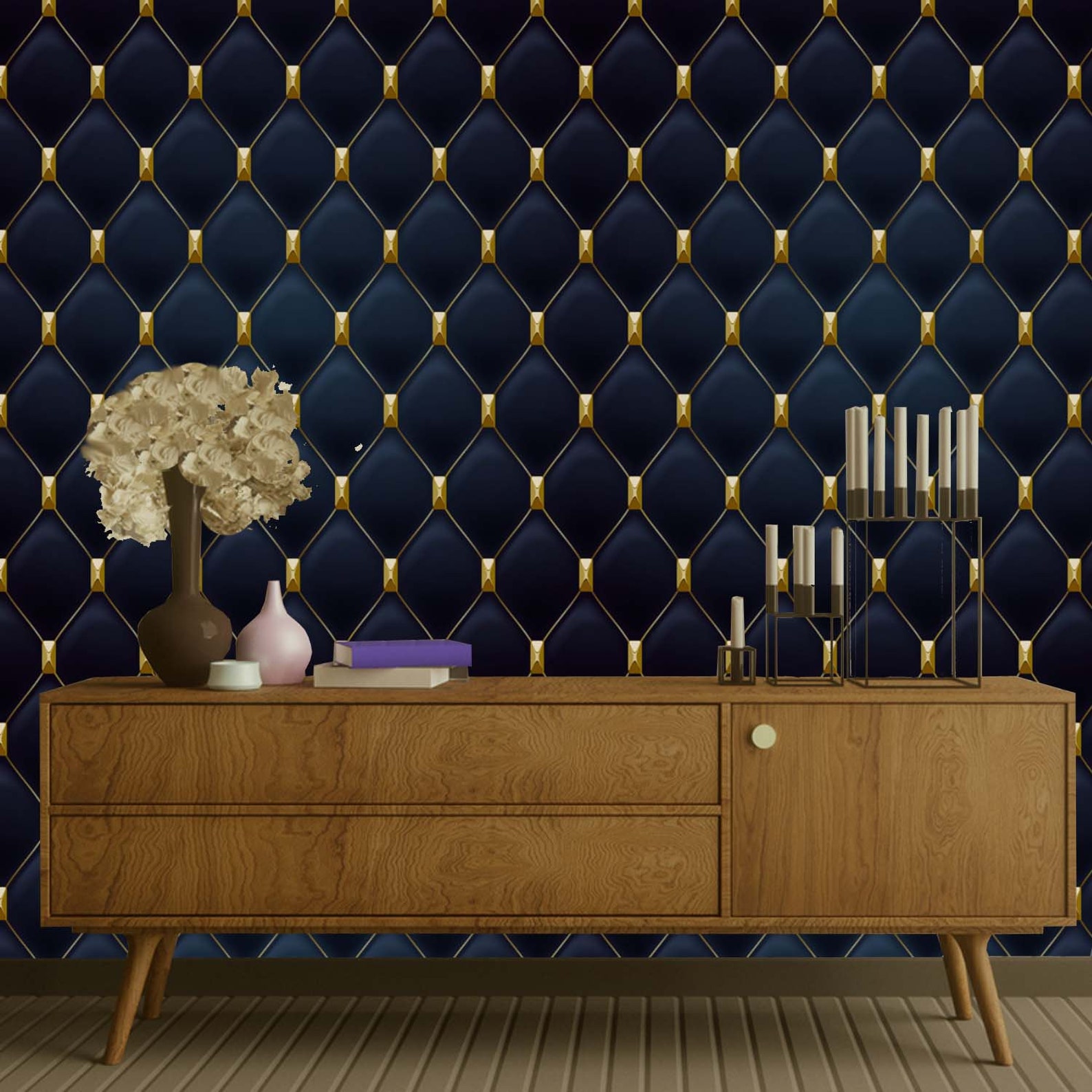 Art Deco Geometric Wallpaper in Navy Blue & Gold Removable Etsy