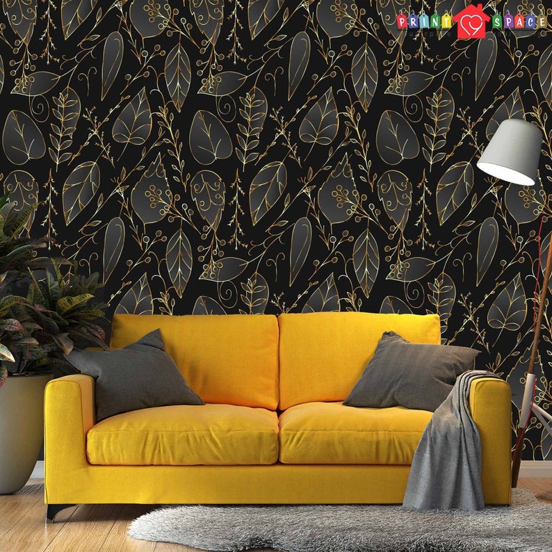 Gray Black Gold Leaf Abstract Wallpaper Traditional Non Woven - Etsy