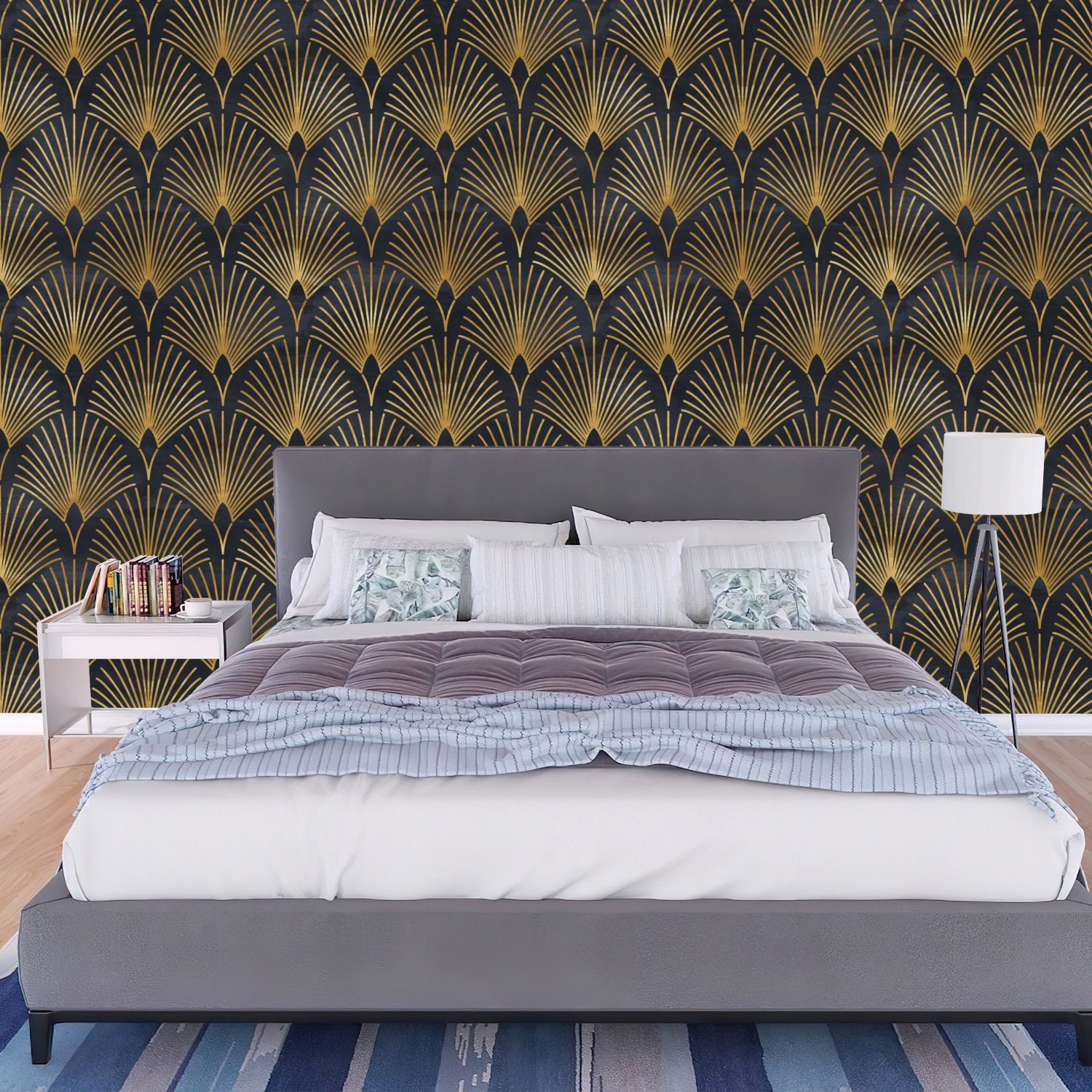 Geometric Art Dark Grey Gold Wallpaper Monochrome Embossed Etsy