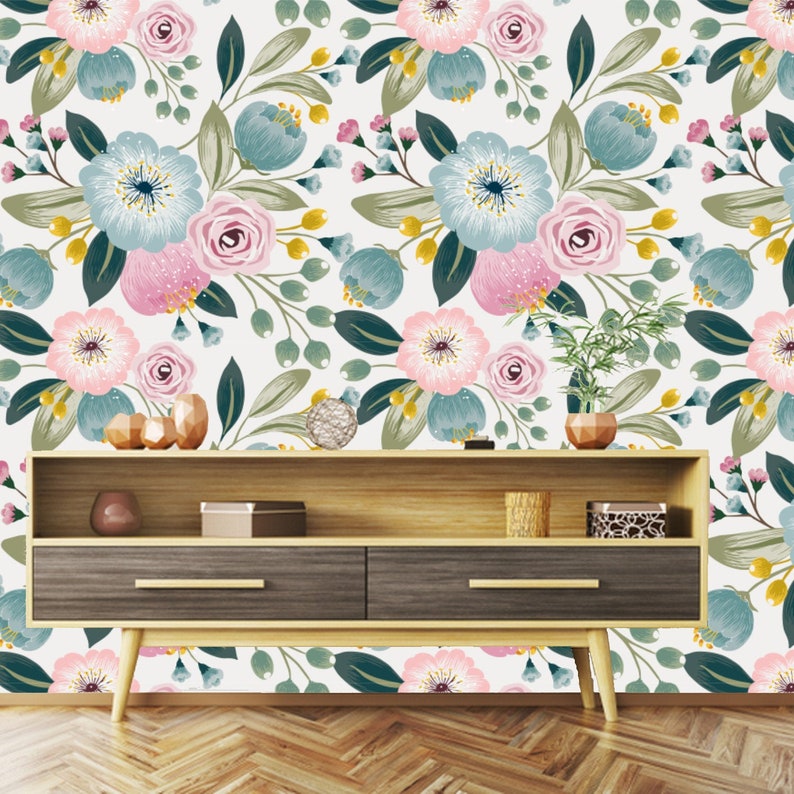 Baby Nursery Pink Nature Floral Tropical Leaf Wallpaper Etsy