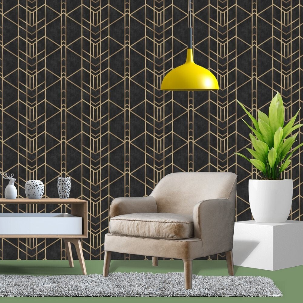 Geometrische Art Deco Tapete in Schwarz und Gold abnehmbare | Etsy