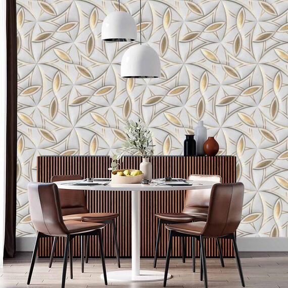 3D Wallpaper With Gold Leaf Motifs on White Gold Wall Decor - Etsy 3D Wallpaper With Gold Leaf Motifs on White Gold Wall Decor - Etsy