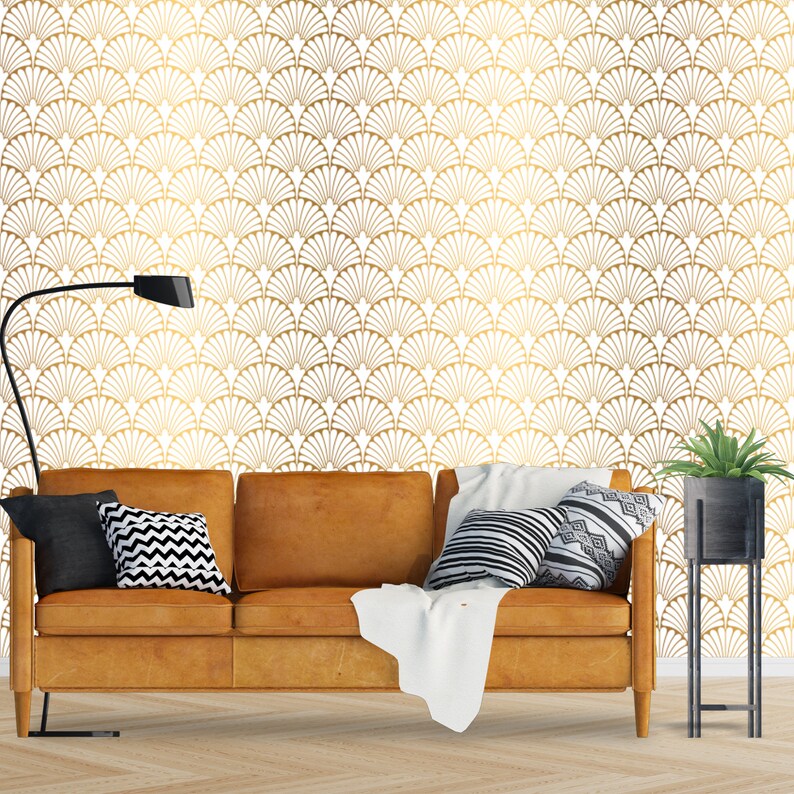 Geometric Art Deco Gold White Wallpaper Monochrome Embossed Etsy