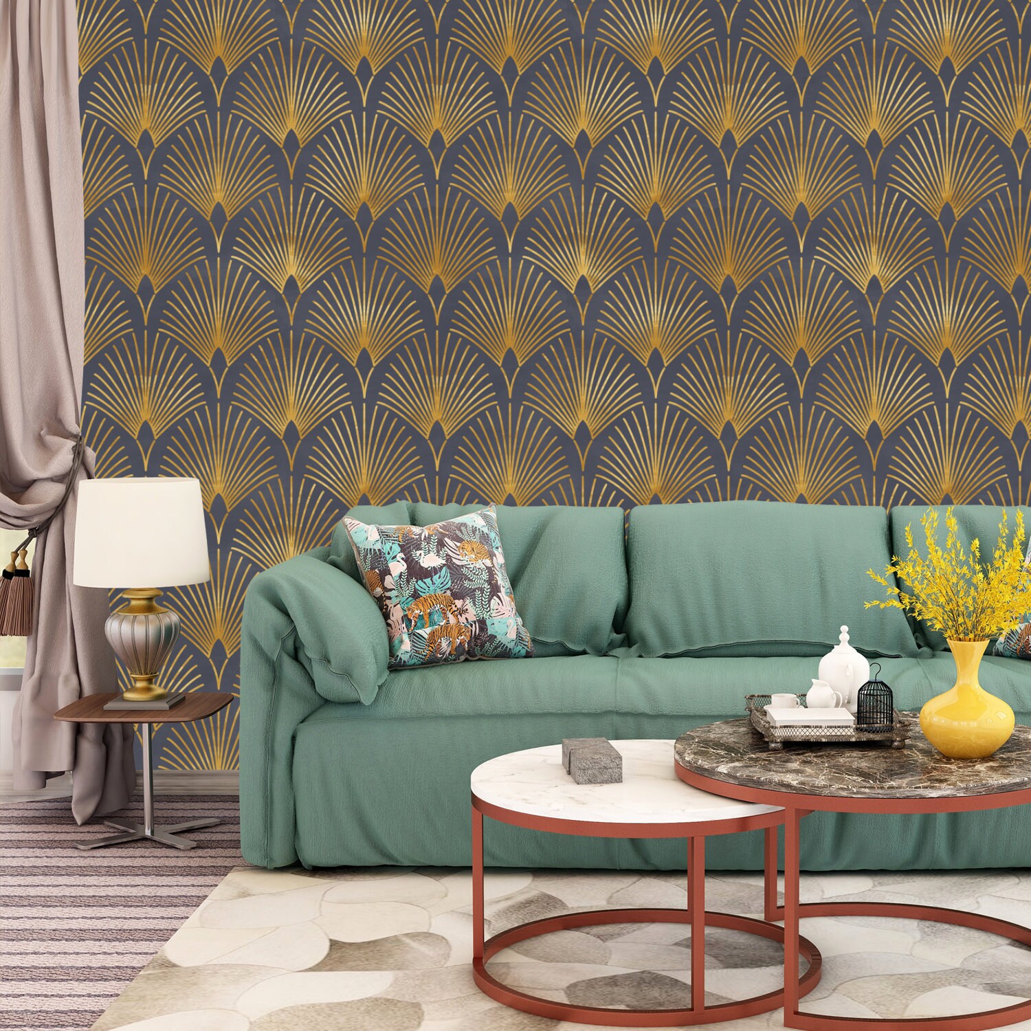 Geometric Art Blue Gold Wallpaper Monochrome Embossed | Etsy