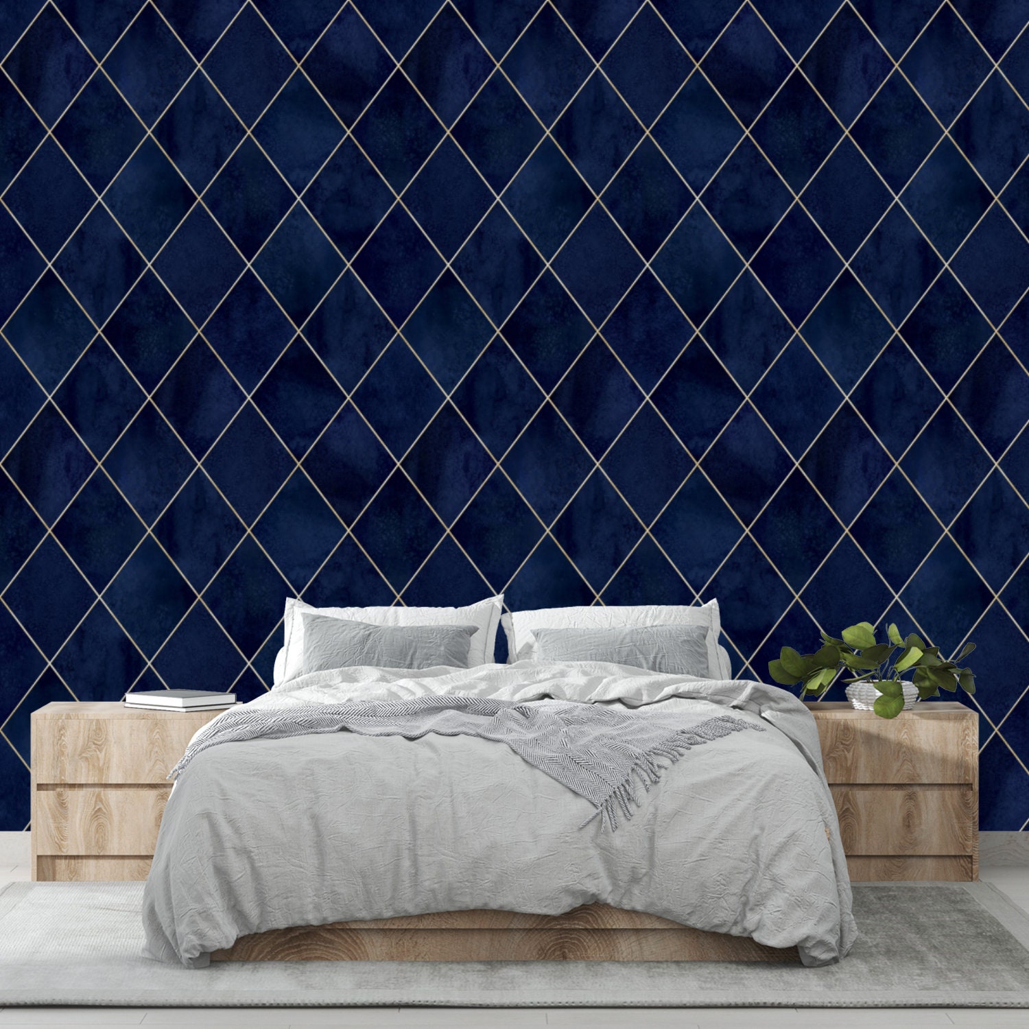 Geometric Art Deco Dark Blue Wallpaper Monochrome Embossed Etsy