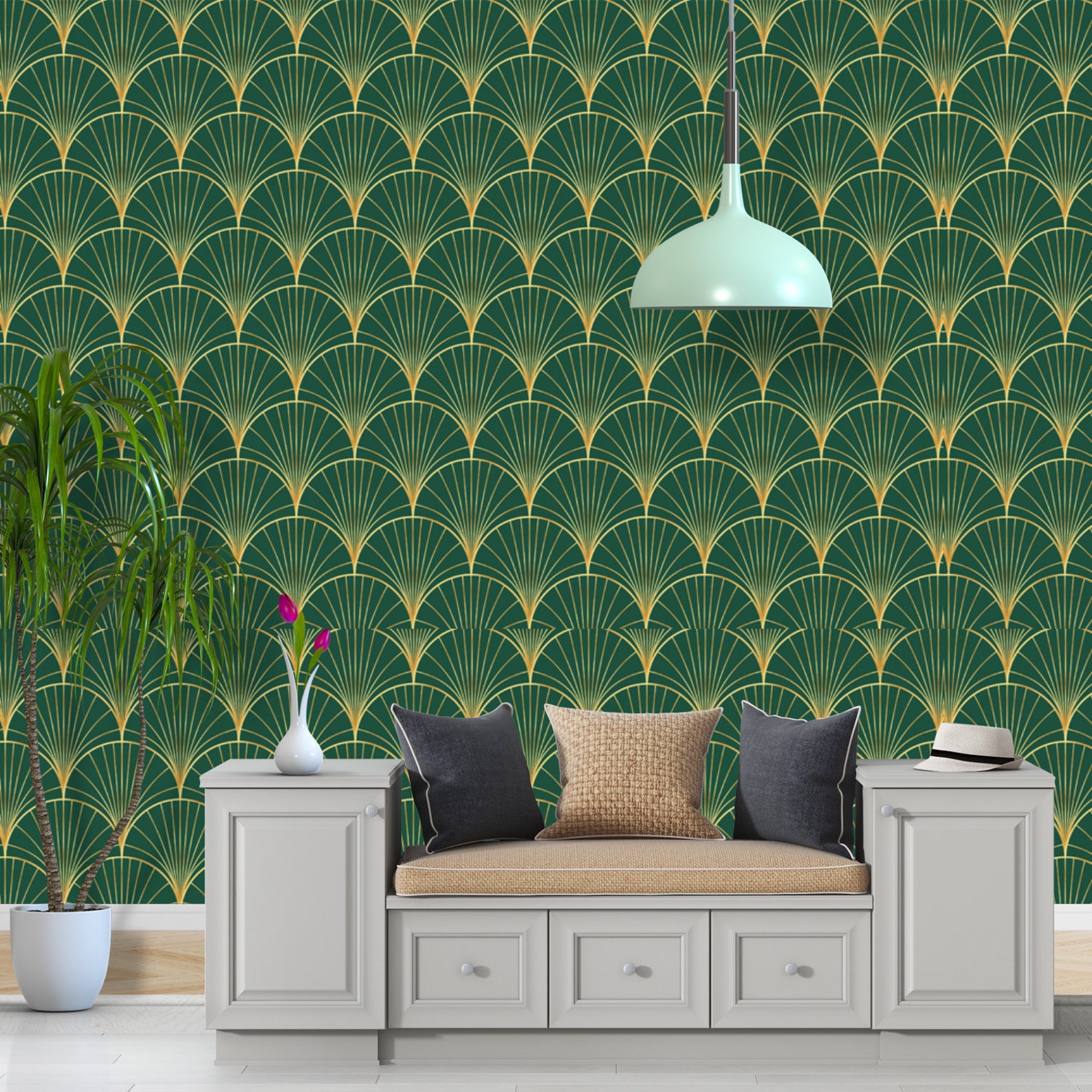 Geometric Art Deco Green Gold Wallpaper Monochrome Embossed | Etsy